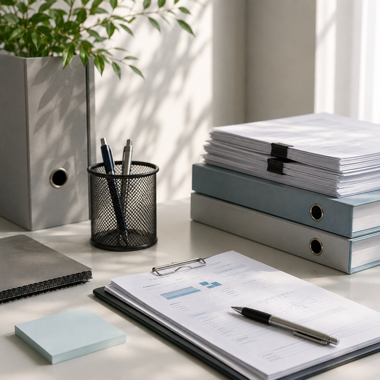 Technical documentation spread on a desk in a modern office space.