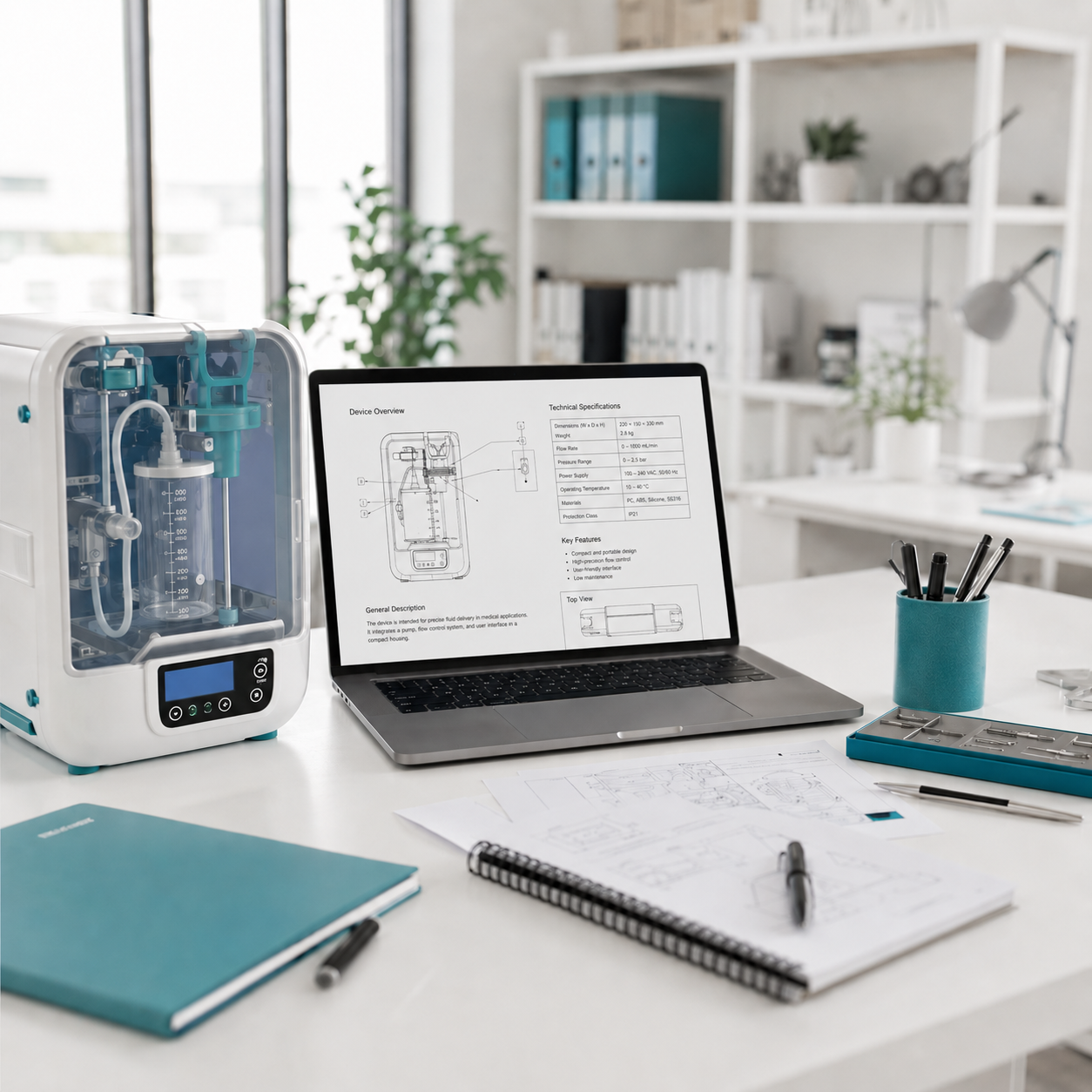 EU Medical Device Consulting Medical device next to a laptop along with technical documentation.