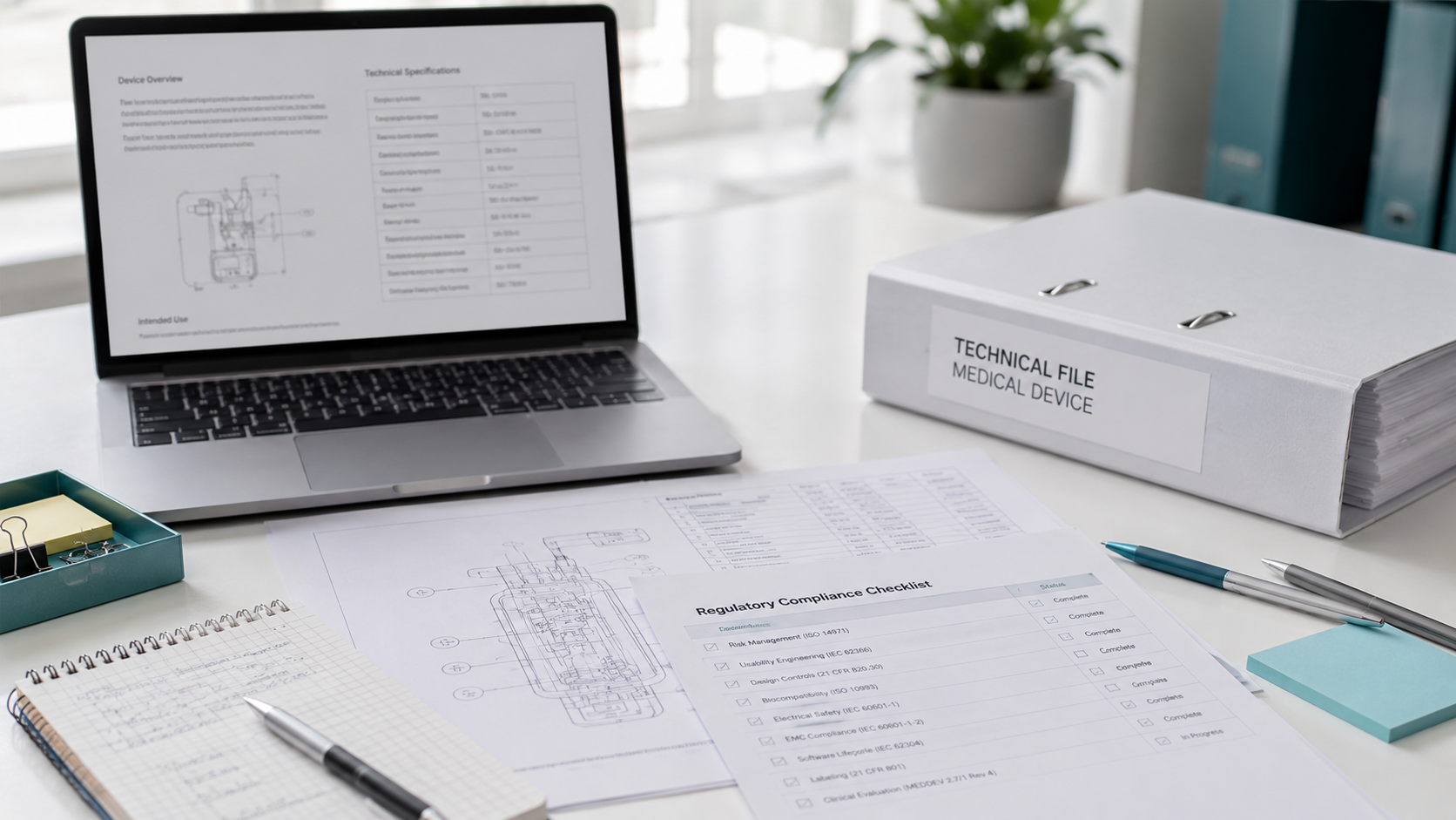 EU Compliance Documentation Laptop and binder on a desk along with technical documentation.
