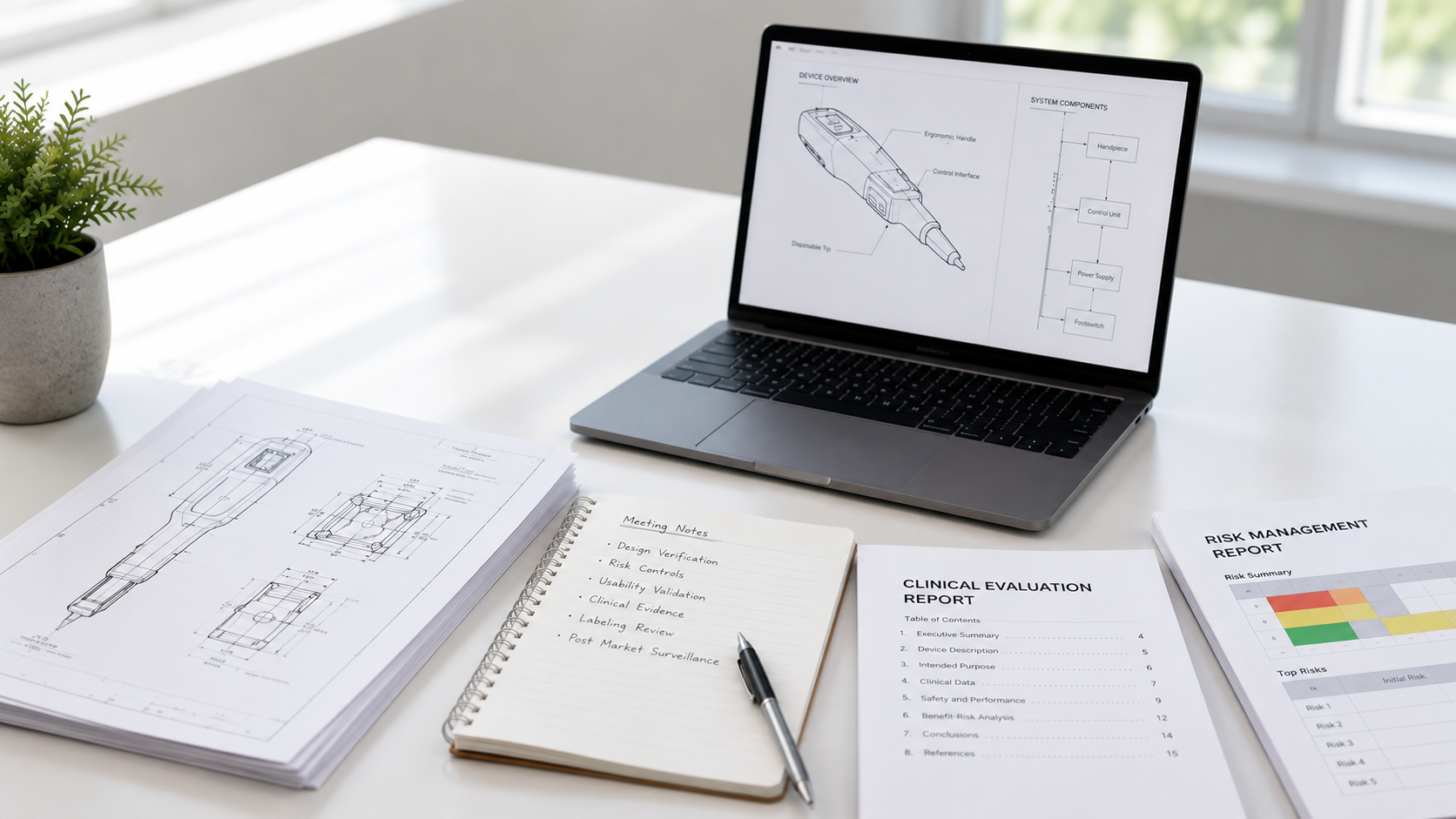 Technical Documentation- EU Laptop with medical device drawing on a table with technical documentation on it.