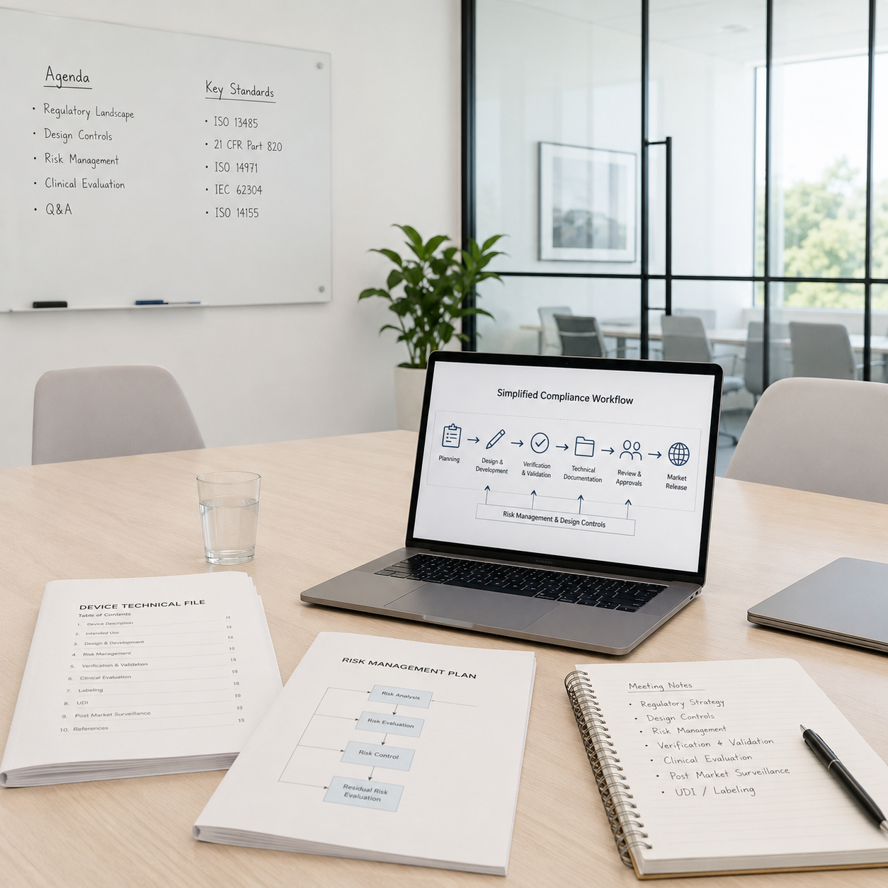 EU Compliance Strategy & Planning Laptop and compliance documentation on a desk in an office boardroom.