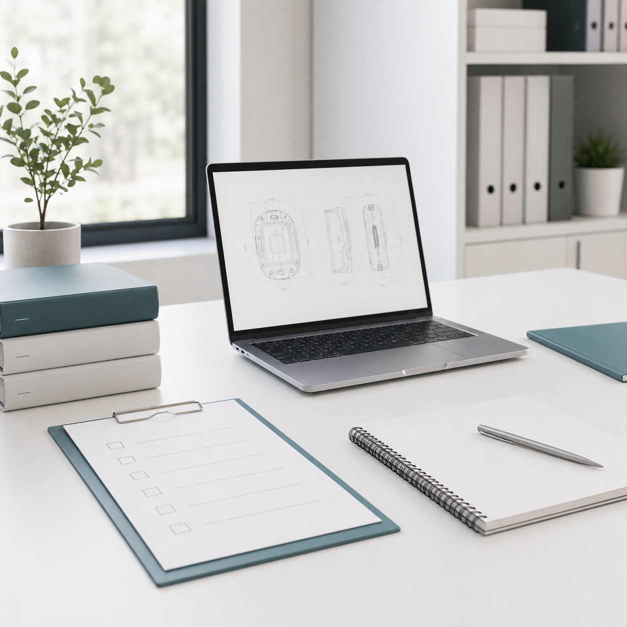 Medical device regulatory documentation and engineering drawings in a modern office