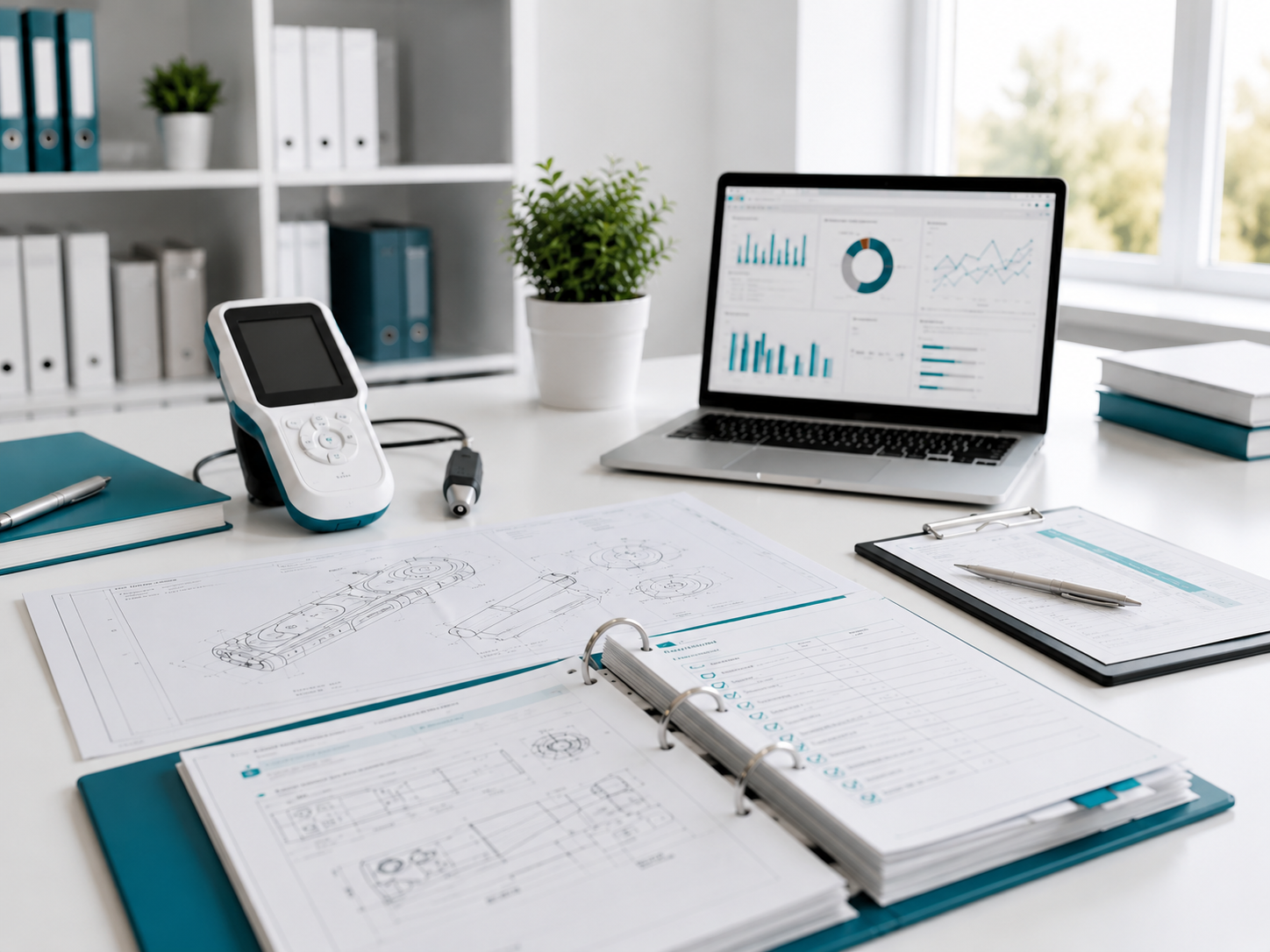 Laptop displaying simplified engineering drawings alongside medical device technical documentation.