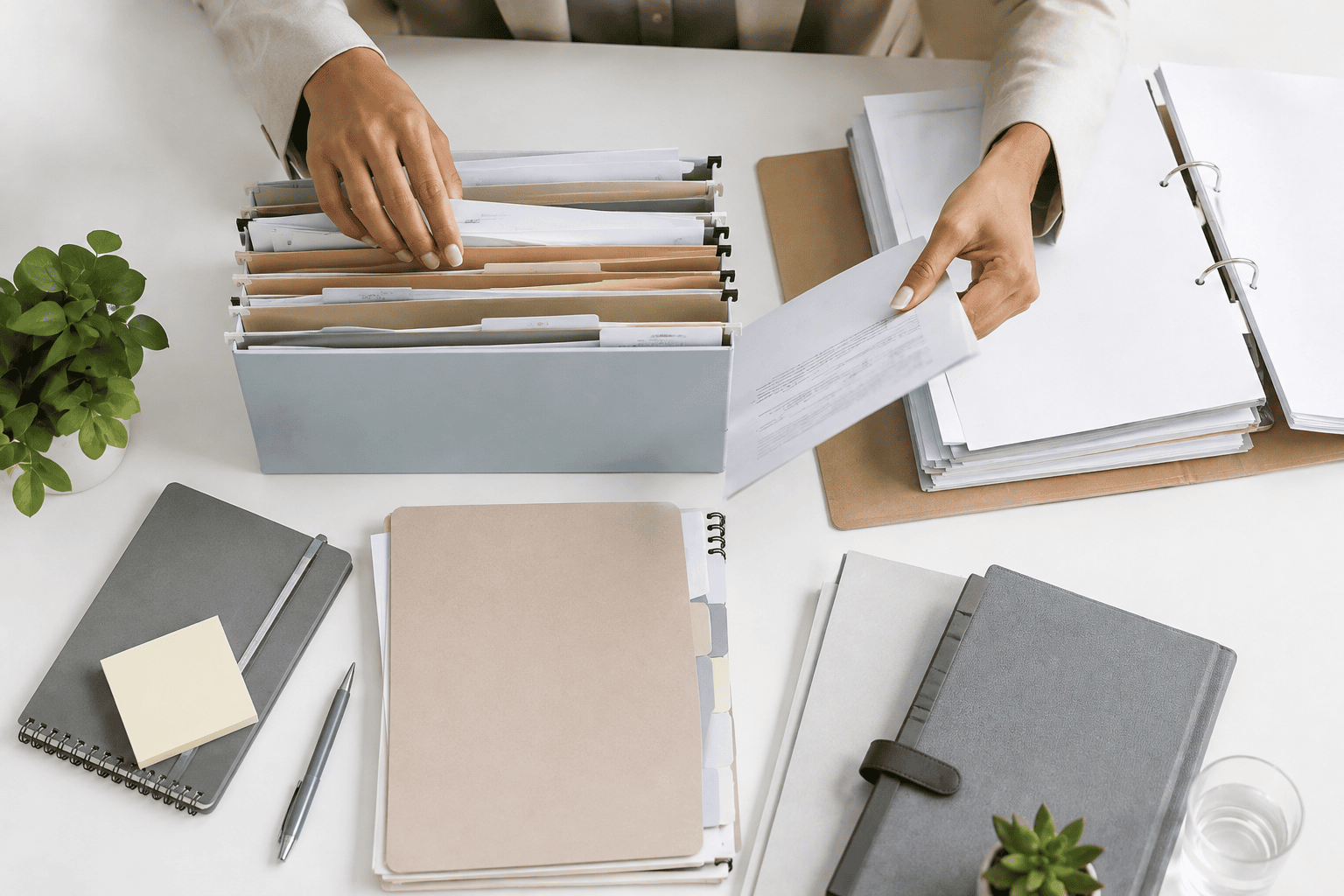 Person going through medical device regulatory consulting documents placed on a desk.
