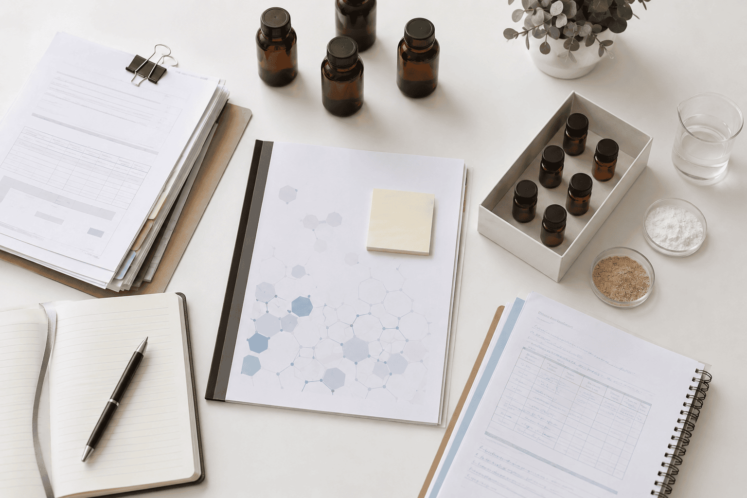 pharma-img-1 Image of pharmaceutical regulatory support documents next to bottles on a table.